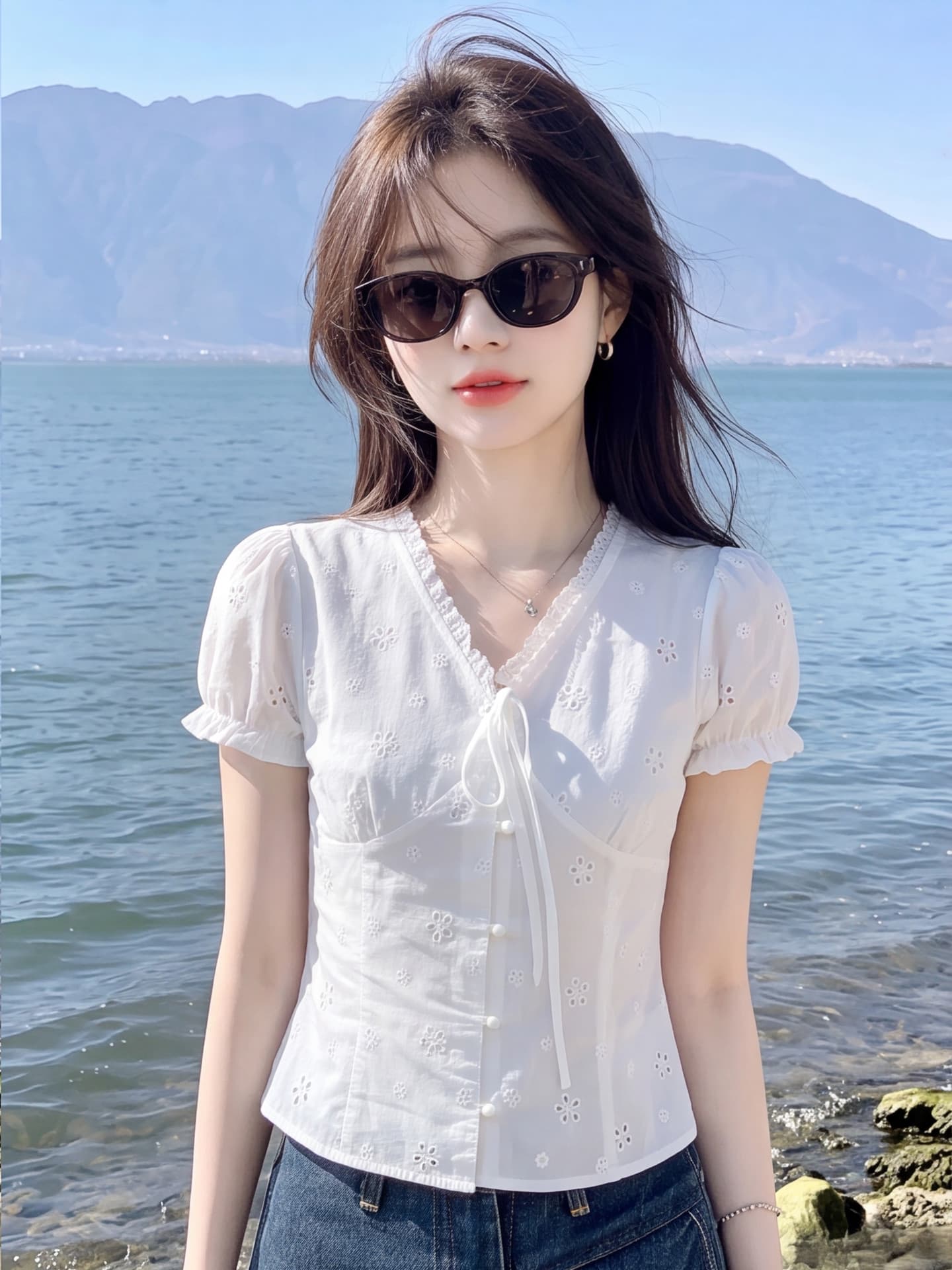 자카드 순면 원단 네리 부드러운 자매 레이스 레이스 칼라 레이스업 홀로우 아웃 꽃 몸매 가꾸기 거품 소매 화이트 맨위 상세 이미지 9
