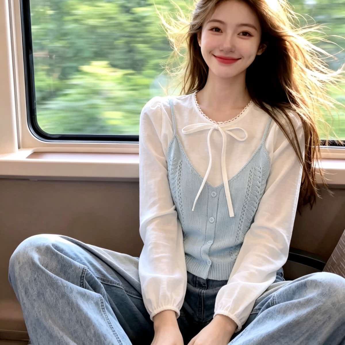 실사 한 부서 이른 봄 분위기 센스 착용 가져 가라. 전체 집합 스택 착용 니트 슬립 페이크 레이어드 상세 이미지 1