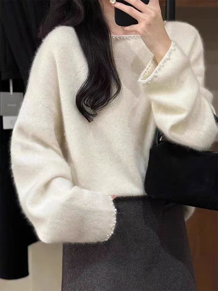 가을 겨울 새로운 무거운 작업 비즈 박기 너구리 플러시 부드러운 찹쌀 풀오버 니트 스웨터 한국 스타일 루즈핏 슬림해 보이는 외국 가스 맨위