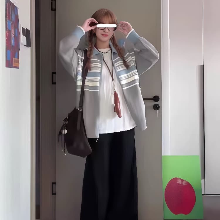 5 가을 겨울 새로운 패치워크 색상 폴로 칼라 더블 지퍼 스웨터 오픈 가디건 여성 작은 대중 디자인 센스 연령 감소 니트 스웨터 재킷