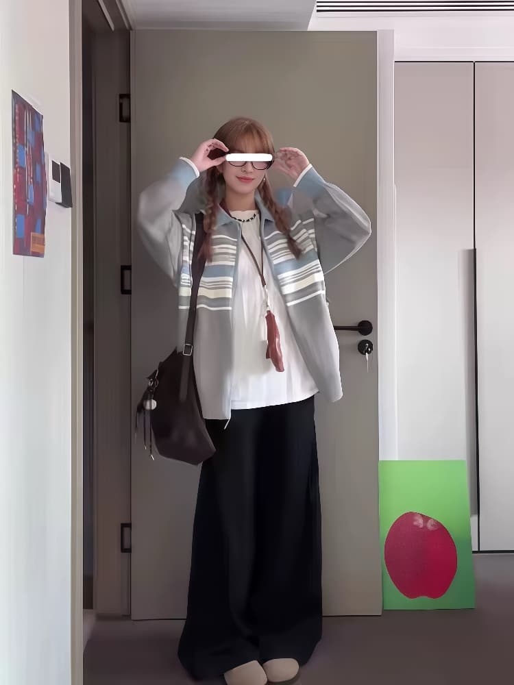 5 가을 겨울 새로운 패치워크 색상 폴로 칼라 더블 지퍼 스웨터 오픈 가디건 여성 작은 대중 디자인 센스 연령 감소 니트 스웨터 재킷 상세 이미지 4