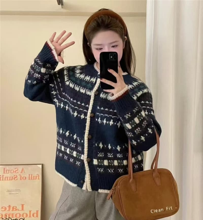 공정한 섬 레트로 자카드 루즈핏 민족 스타일 다용도 니트 오픈 가디건 스웨터 코트 상세 이미지 10