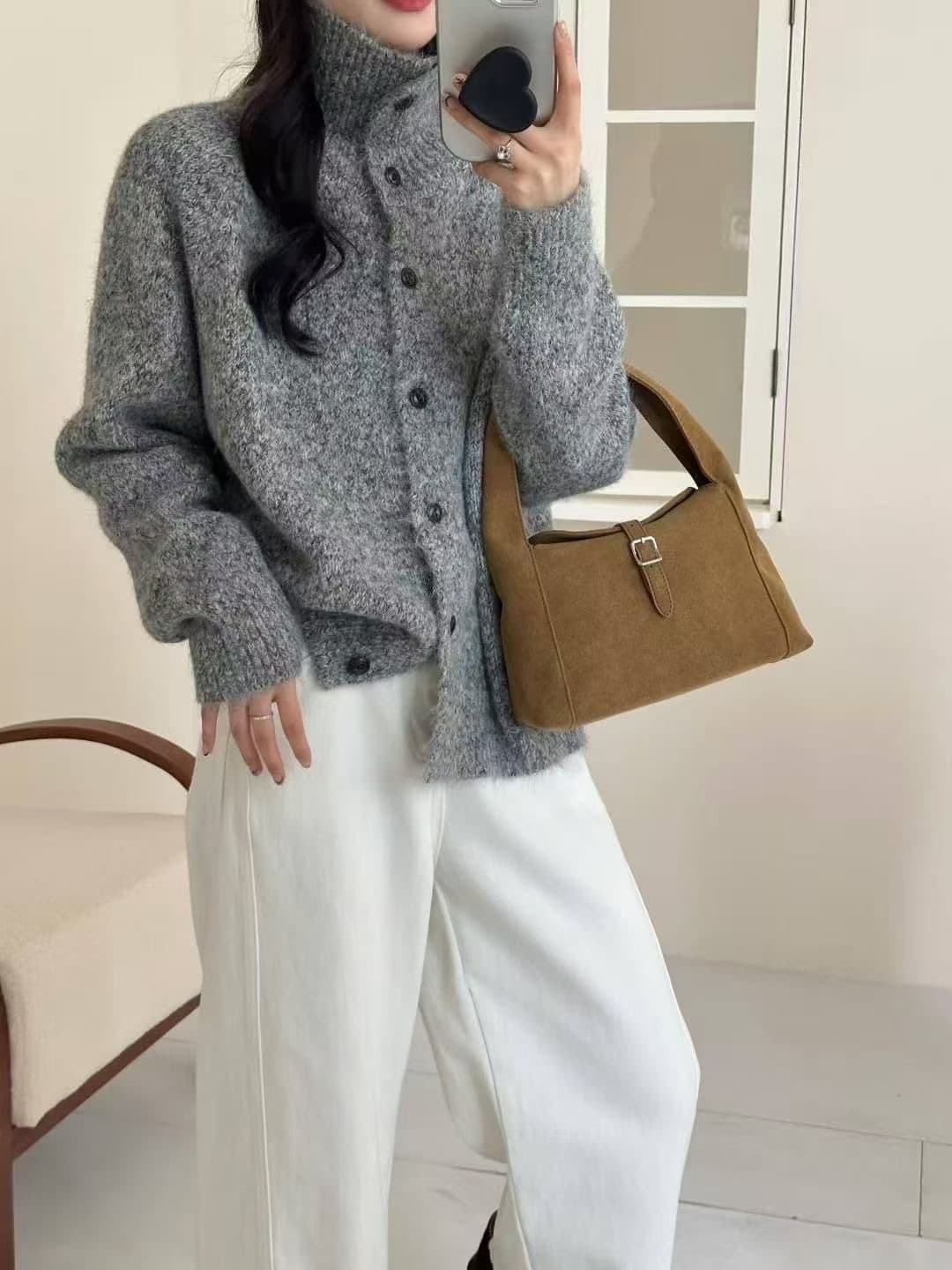 느긋한 레트로 잡색 플라워 라인 터틀넥 스웨터 여성 코트 가을 겨울 새로운 루즈핏 싱글 줄 버튼 폴로 칼라 니트 오픈 가디건 이미지 2