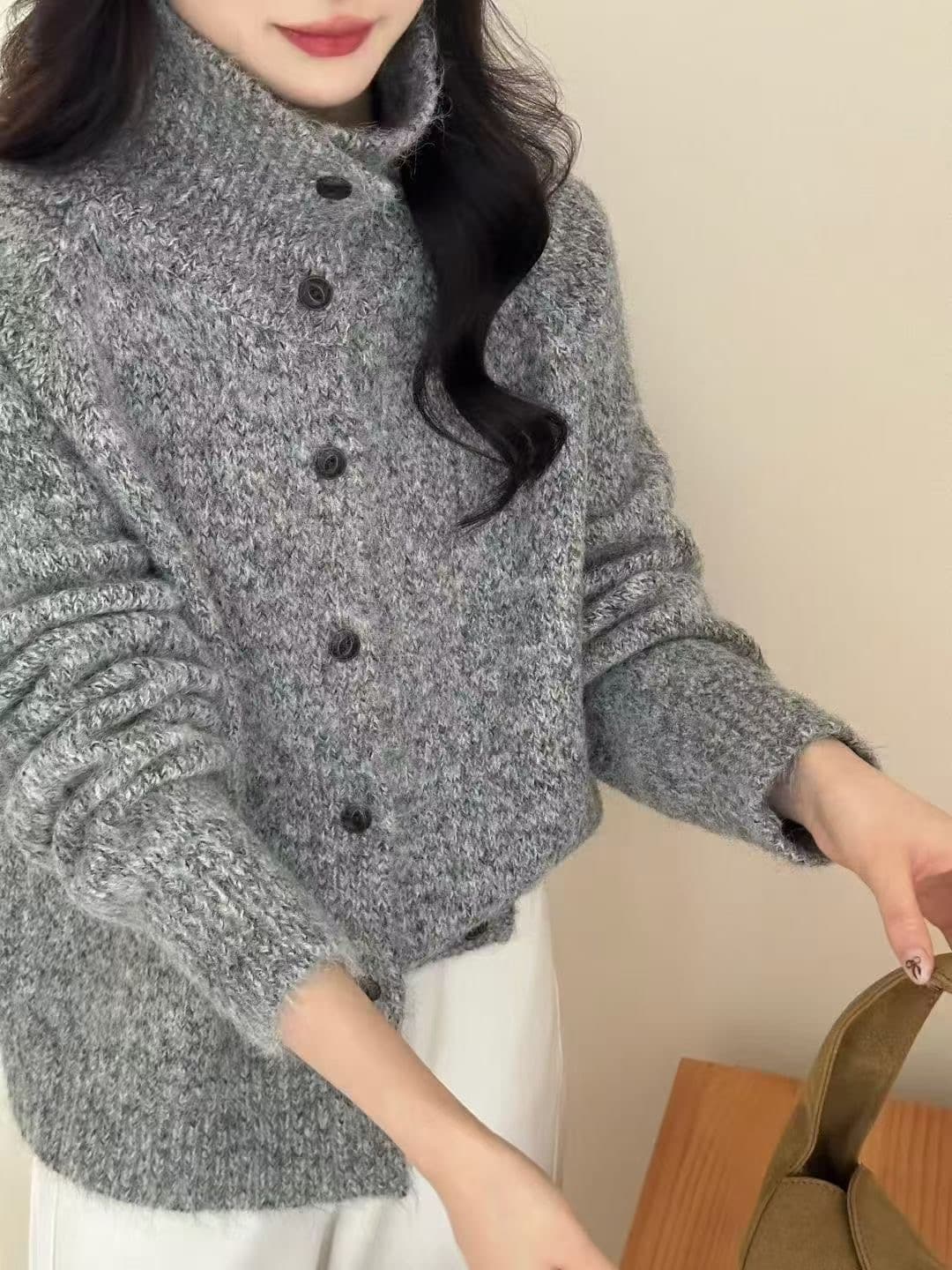 느긋한 레트로 잡색 플라워 라인 터틀넥 스웨터 여성 코트 가을 겨울 새로운 루즈핏 싱글 줄 버튼 폴로 칼라 니트 오픈 가디건 상세 이미지 1