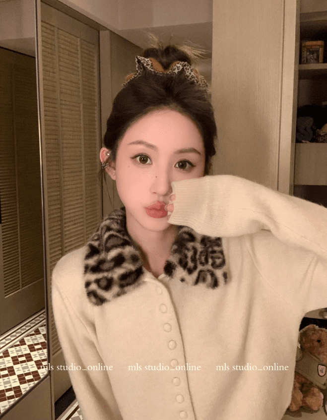 레트로 와일드 2026 봄 여름 새로운 여성 셔츠 레오파드 무늬 폴로 칼라 니트 오픈 가디건 이미지 4