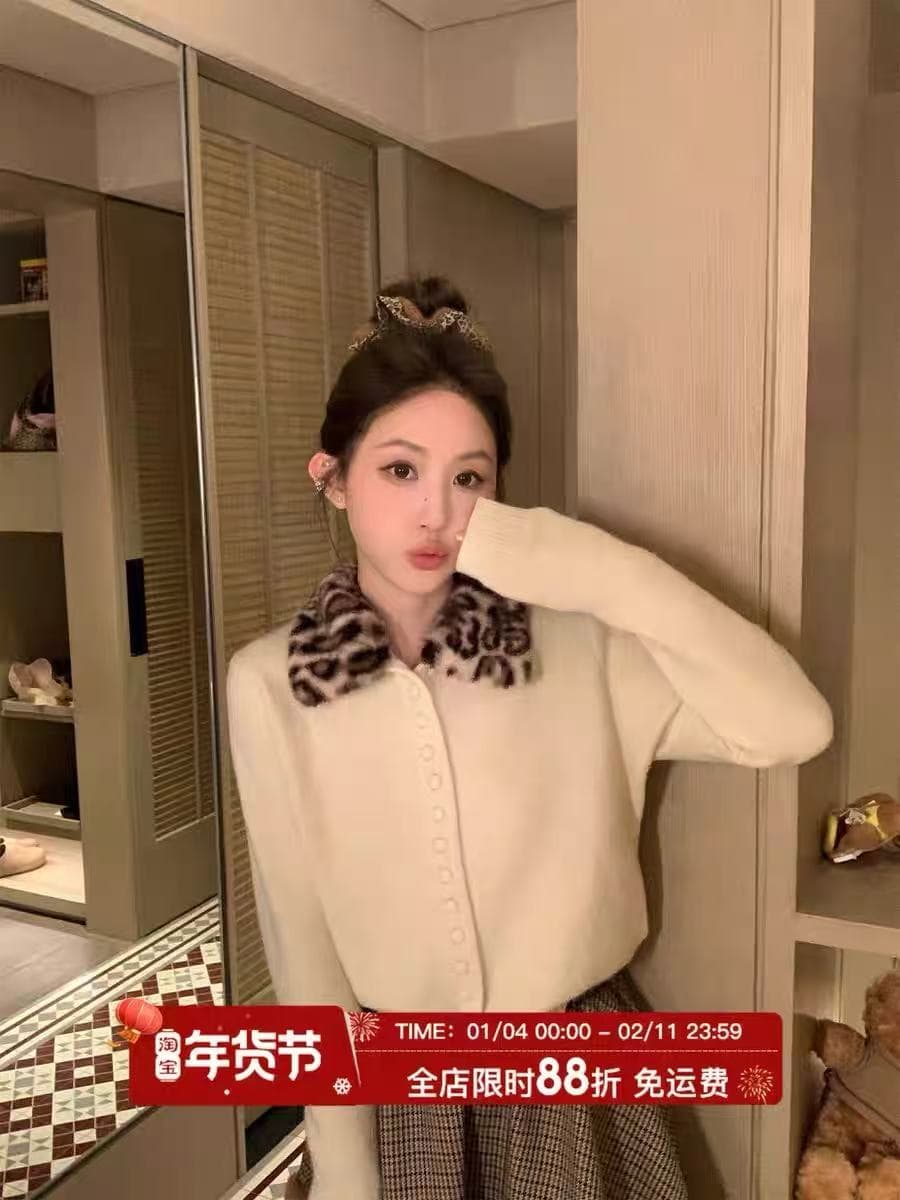 레트로 와일드 2026 봄 여름 새로운 여성 셔츠 레오파드 무늬 폴로 칼라 니트 오픈 가디건 상세 이미지 6