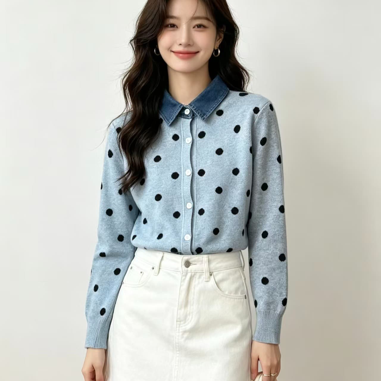 한국 스타일 도트 무늬 페이크 레이어드 데님 패치워크 POLO 칼라 니트 스웨터 부드러운 찹쌀 연령 감소 스웨터 코트 가을 겨울철 새로운 이미지 5
