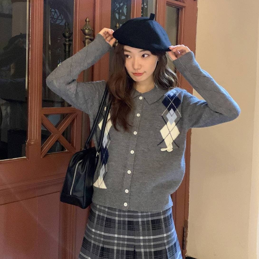 레트로 학원 배색 링 그리드 오픈 가디건 스웨터 가을 겨울 새로운 루즈핏 다용도 맨위 POLO 칼라 고급 이미지 3