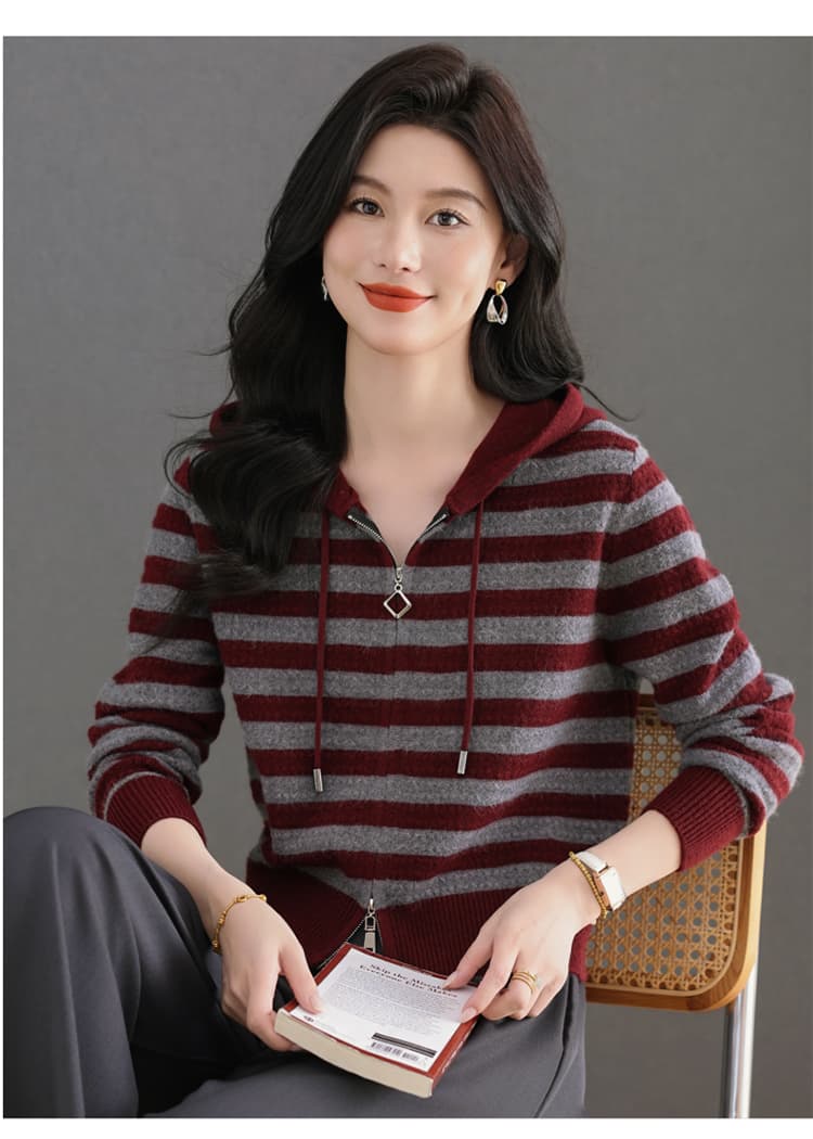2026 봄 가을 새로운 후드 니트 양모 오픈 가디건 여성 패션 연령 감소 슬림해 보이는 다용도 스트라이프 스웨터 작은 외부 가져 가라. 상세 이미지 25