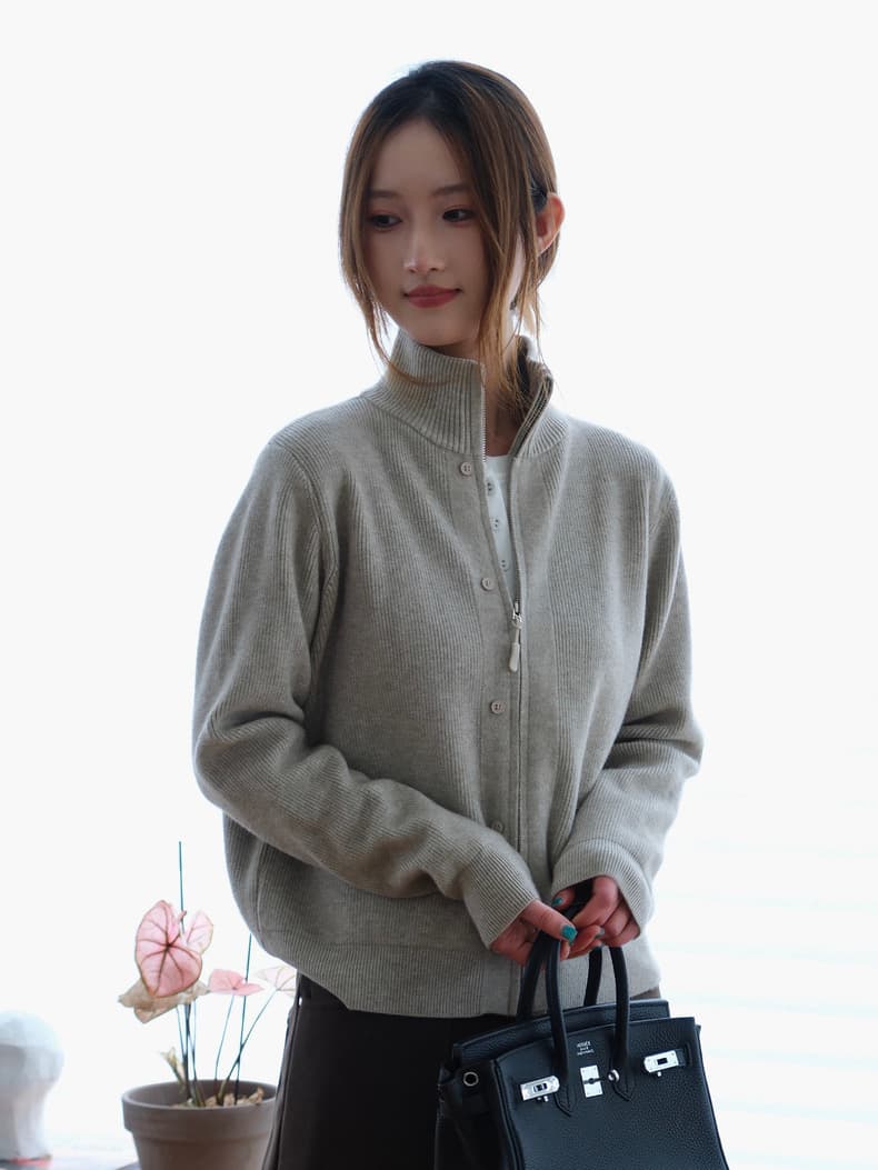 일본식 스탠드 칼라 더블 지퍼 스웨터 오픈 가디건 디자인 센스 못 버클 니트 가을 겨울 보온 스웨터 코트 상세 이미지 29