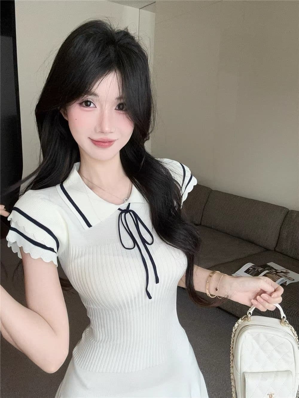 한 부서 배색 POLO 칼라 반팔 니트 여성 드레스 여름 몸매 가꾸기 허리 수축 치마 학원 스타일 한 마디 상세 이미지 8