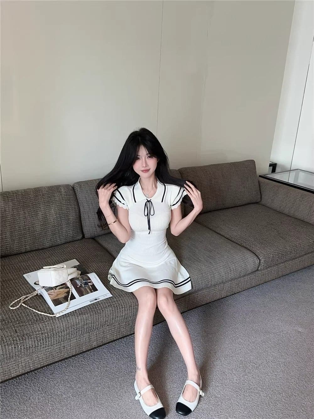 한 부서 배색 POLO 칼라 반팔 니트 여성 드레스 여름 몸매 가꾸기 허리 수축 치마 학원 스타일 한 마디 상세 이미지 9