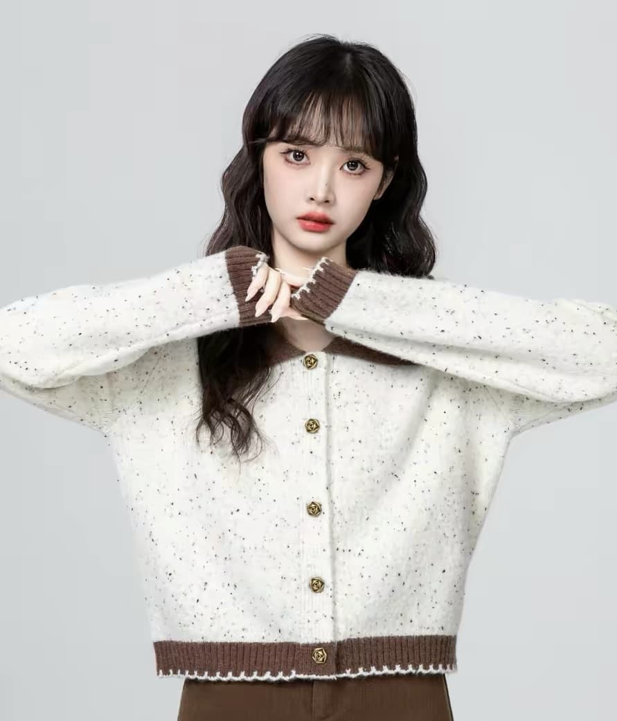 살구 색상 폴로 칼라 스웨터 여성 코트 봄 가을 2026 가을 새로운 디자인 센스 배색 니트 오픈 가디건 쇼트 스타일 맨위 상세 이미지 5