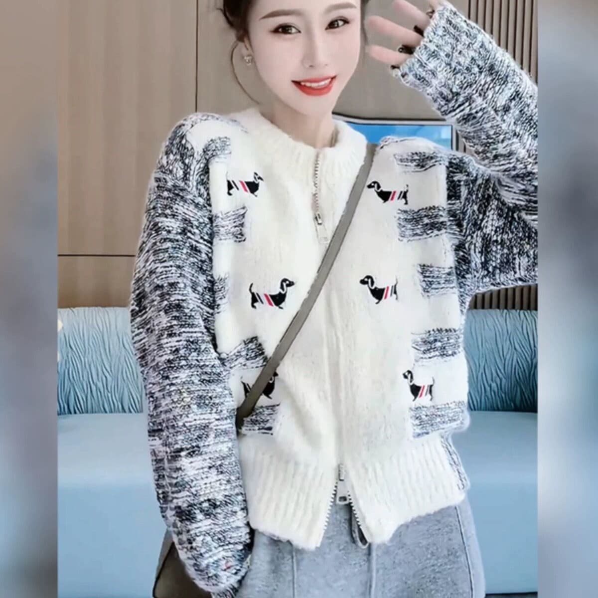 강아지 자수 지퍼 스웨터 오픈 가디건 가을 겨울철 달콤함 연령 감소 디자인 센스 루즈핏 긴팔 니트 스웨터 여성 코트 이미지 4