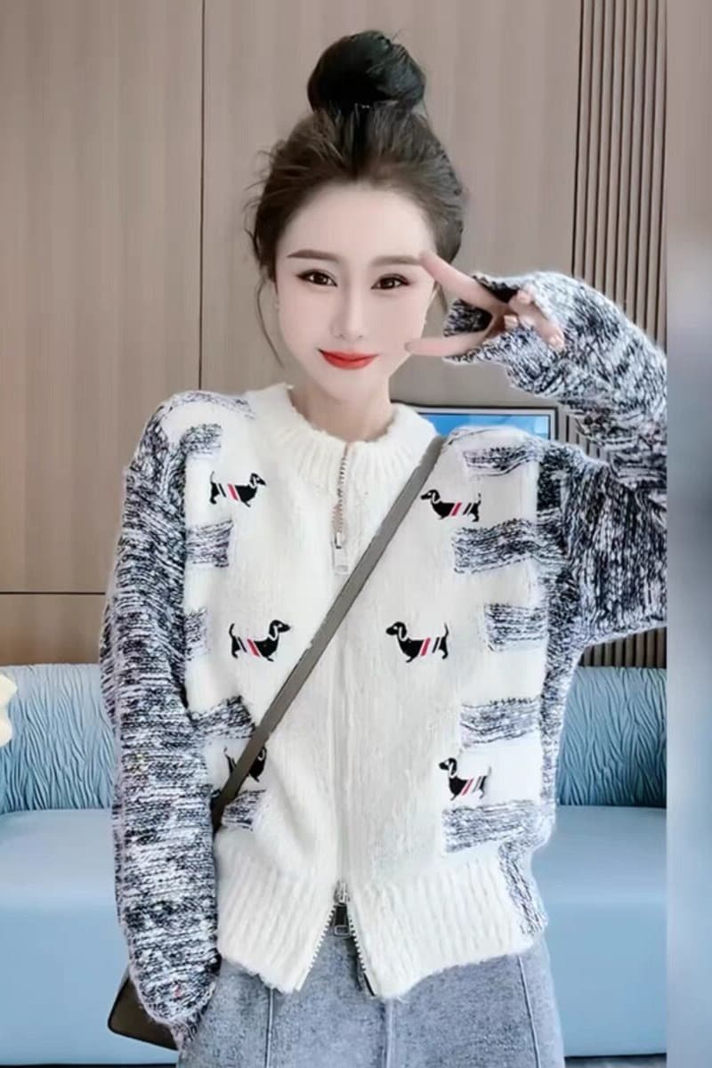 강아지 자수 지퍼 스웨터 오픈 가디건 가을 겨울철 달콤함 연령 감소 디자인 센스 루즈핏 긴팔 니트 스웨터 여성 코트