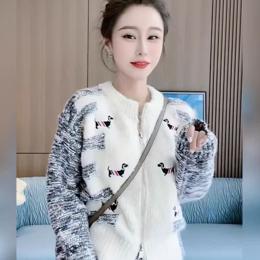 강아지 자수 지퍼 스웨터 오픈 가디건 가을 겨울철 달콤함 연령 감소 디자인 센스 루즈핏 긴팔 니트 스웨터 여성 코트 이미지 5