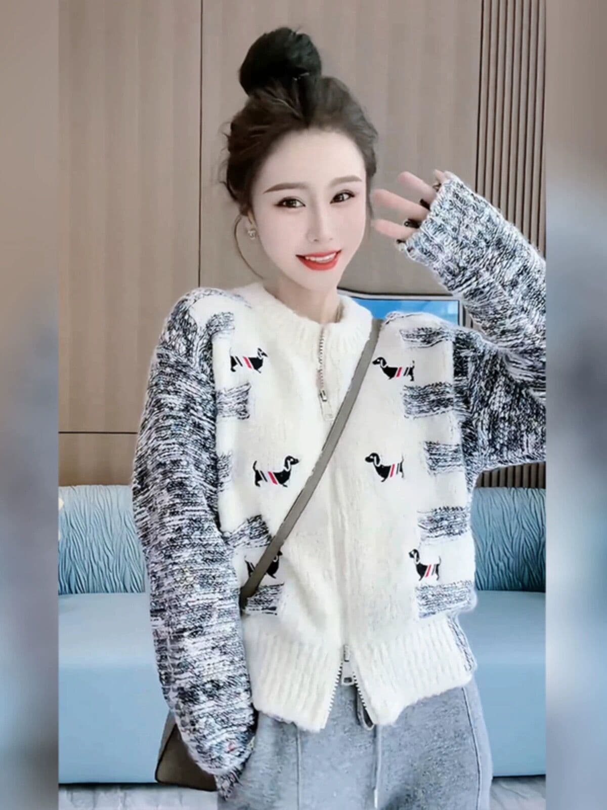 강아지 자수 지퍼 스웨터 오픈 가디건 가을 겨울철 달콤함 연령 감소 디자인 센스 루즈핏 긴팔 니트 스웨터 여성 코트 상세 이미지 2