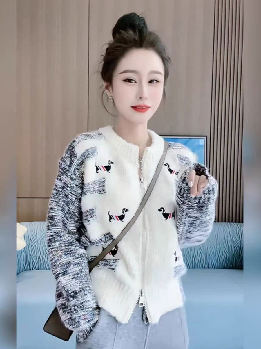 강아지 자수 지퍼 스웨터 오픈 가디건 가을 겨울철 달콤함 연령 감소 디자인 센스 루즈핏 긴팔 니트 스웨터 여성 코트 상세 이미지 4