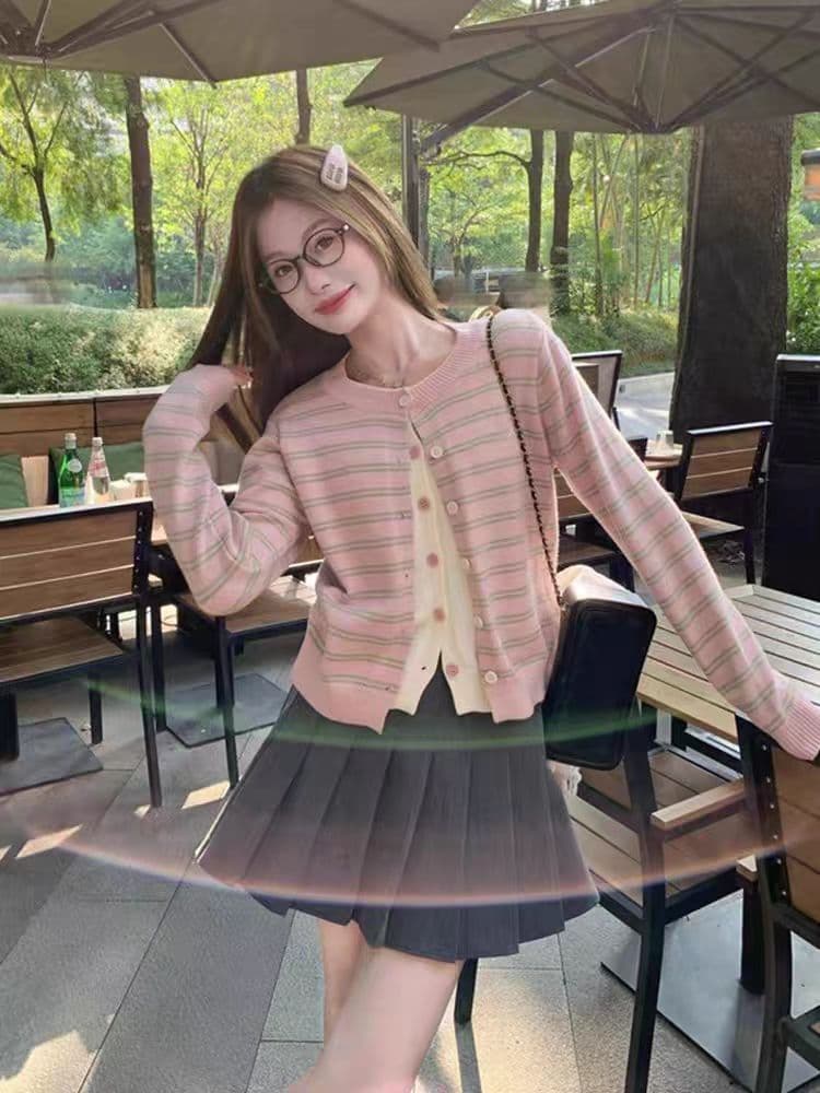 한 부서 핑크색 스트라이프 페이크 레이어드 니트 오픈 가디건 여성 가을 겨울 새로운 스웨터 코트 이른 가을 착용 가져 가라. 니트 맨위 상세 이미지 4