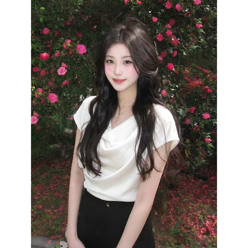 몸매 가꾸기 슬림해 보이는 통기성 흔들다 칼라 디자인 센스 화이트 박쥐 반팔 티셔츠 여성 레저 다용도 외출용 세련된 맨위 이미지 5