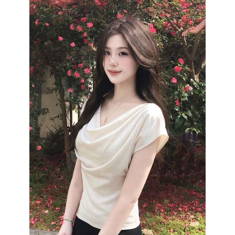 몸매 가꾸기 슬림해 보이는 통기성 흔들다 칼라 디자인 센스 화이트 박쥐 반팔 티셔츠 여성 레저 다용도 외출용 세련된 맨위 상세 이미지 5