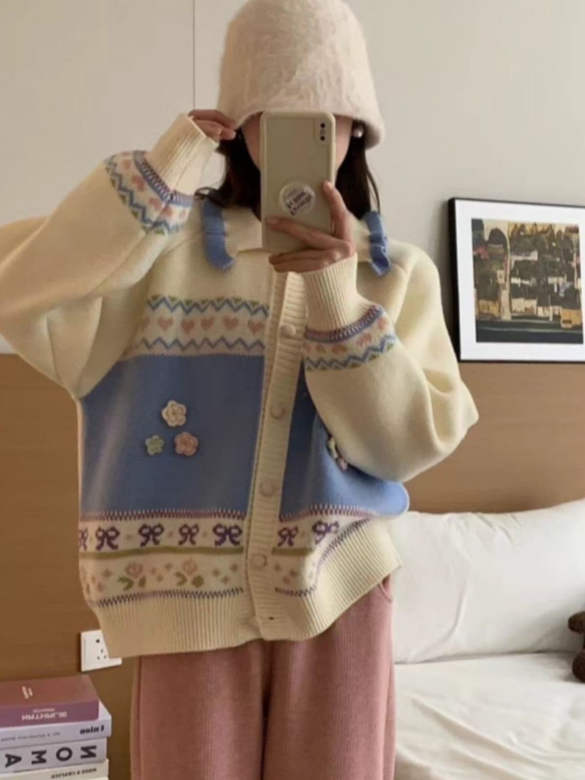 공정한 섬 자카드 라운드 넥 긴팔 스웨터 여성 코트 가을 새로운 한 부서 니트 오픈 가디건 부드러운 찹쌀 편안함 맨위 이미지 2