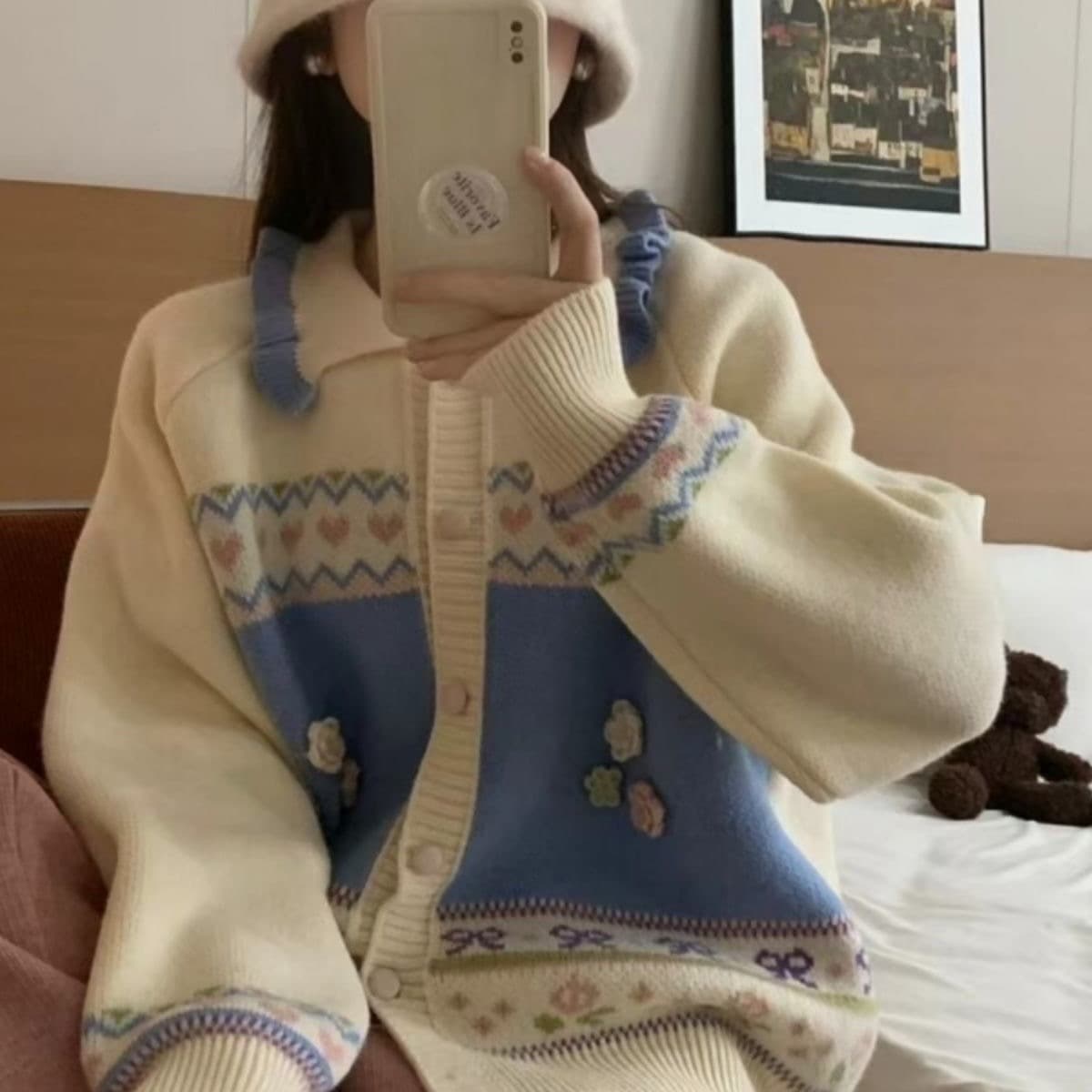 공정한 섬 자카드 라운드 넥 긴팔 스웨터 여성 코트 가을 새로운 한 부서 니트 오픈 가디건 부드러운 찹쌀 편안함 맨위 이미지 5