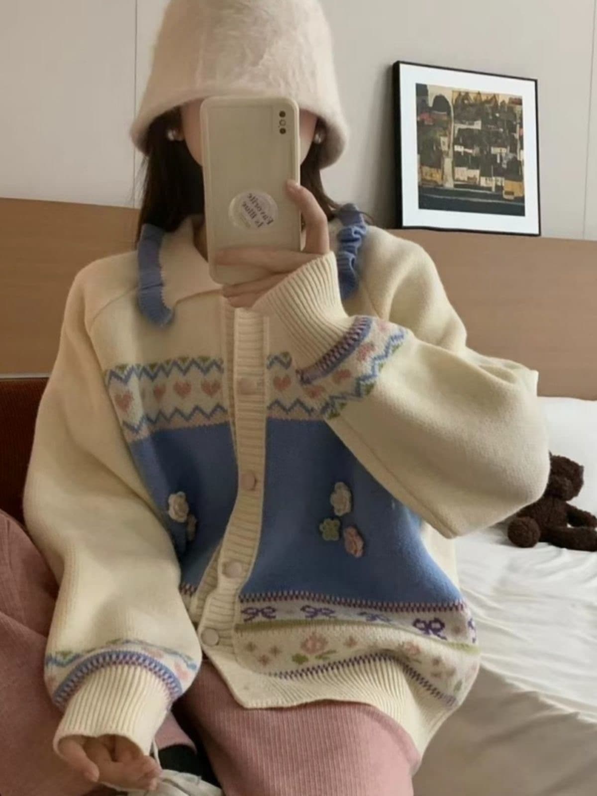 공정한 섬 자카드 라운드 넥 긴팔 스웨터 여성 코트 가을 새로운 한 부서 니트 오픈 가디건 부드러운 찹쌀 편안함 맨위 상세 이미지 3