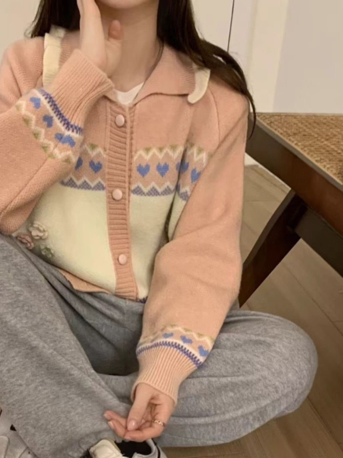 공정한 섬 자카드 라운드 넥 긴팔 스웨터 여성 코트 가을 새로운 한 부서 니트 오픈 가디건 부드러운 찹쌀 편안함 맨위 상세 이미지 4