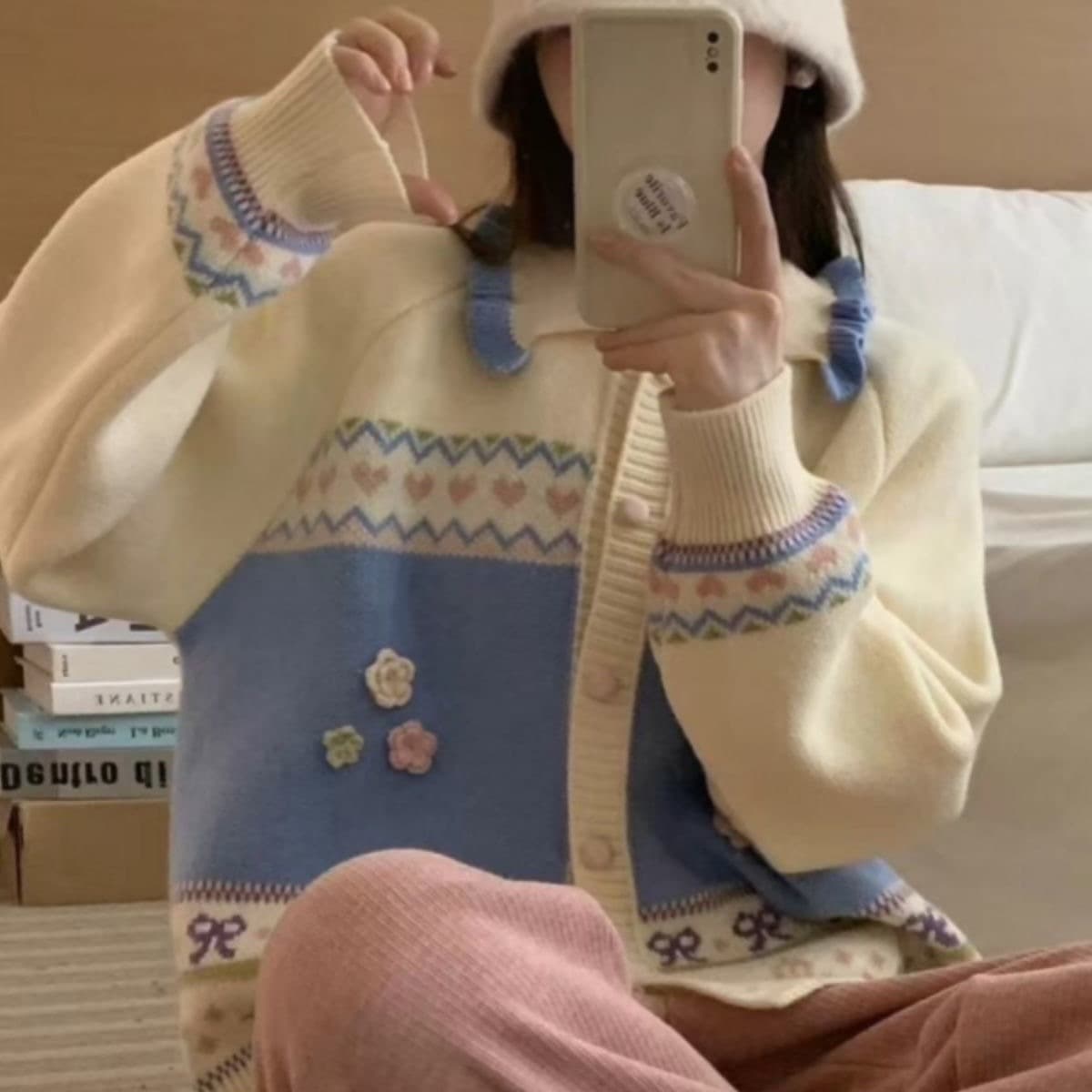 공정한 섬 자카드 라운드 넥 긴팔 스웨터 여성 코트 가을 새로운 한 부서 니트 오픈 가디건 부드러운 찹쌀 편안함 맨위 상세 이미지 5