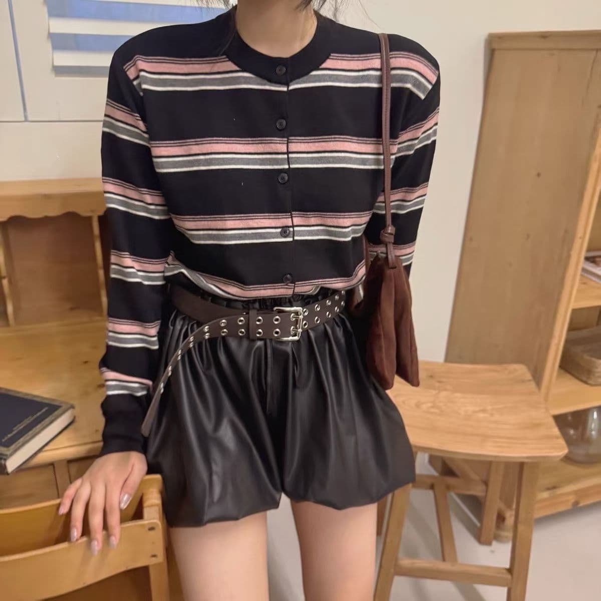 패치워크 색상 라운드 넥 수평 줄무늬 열기 니트 스웨터 상세 이미지 4