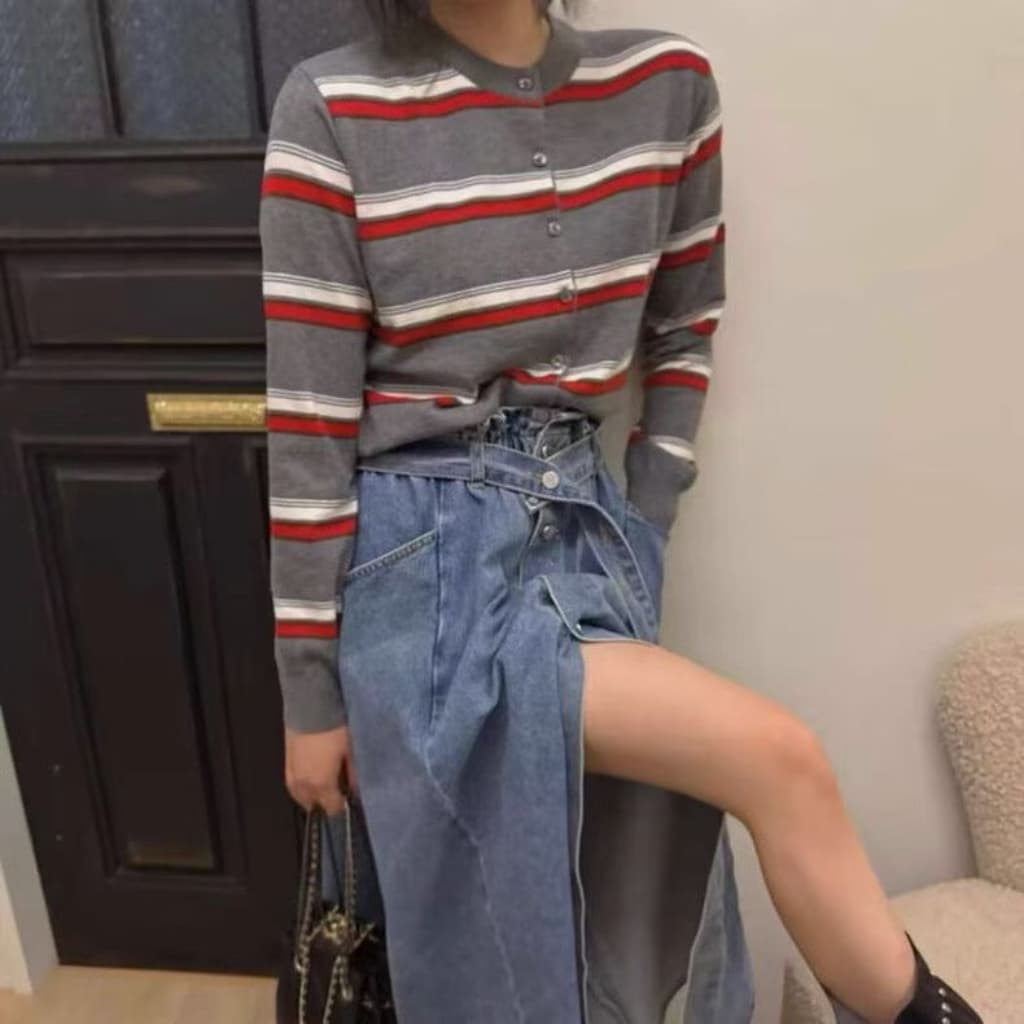 패치워크 색상 라운드 넥 수평 줄무늬 열기 니트 스웨터 상세 이미지 7