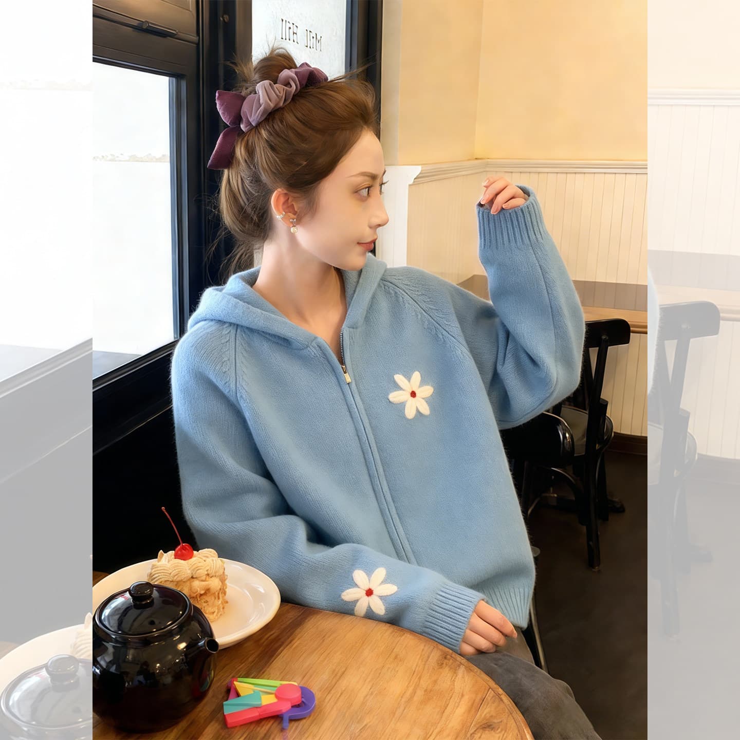 파란색 꽃 자카드 후드 지퍼 니트 카디건 코트 자이언트 잘 생긴 다용도 스웨터 여자 봄 느긋한 맨위 이미지 3