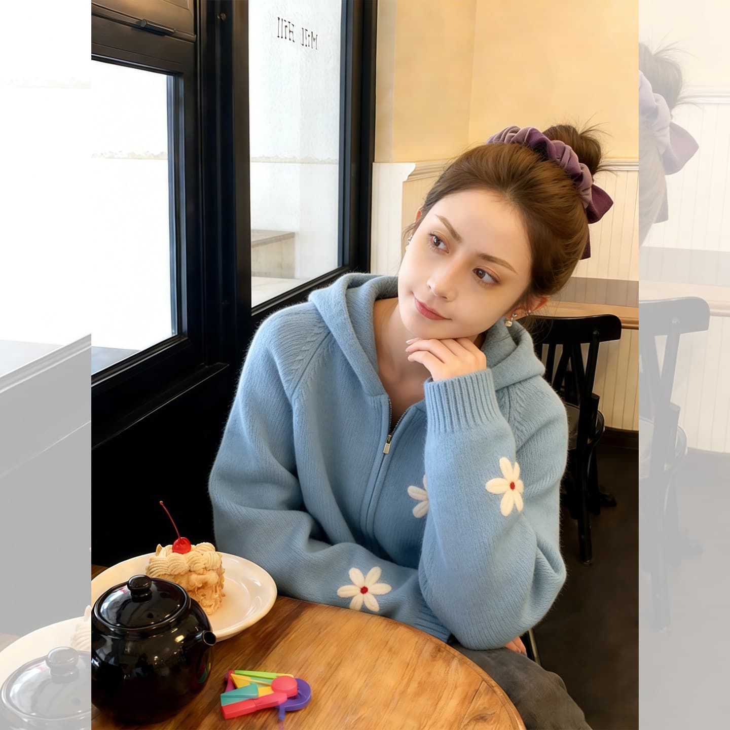 파란색 꽃 자카드 후드 지퍼 니트 카디건 코트 자이언트 잘 생긴 다용도 스웨터 여자 봄 느긋한 맨위 이미지 2