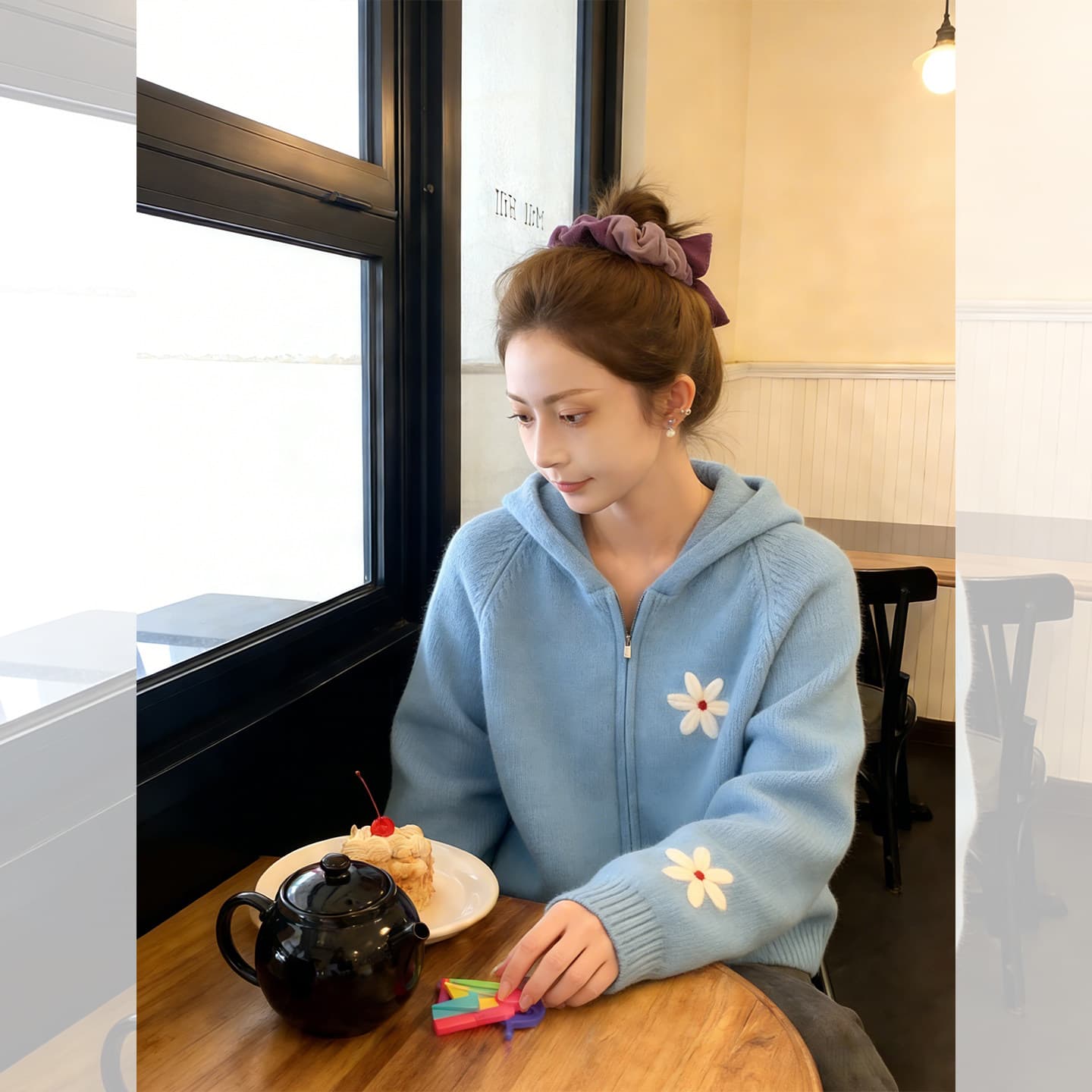 파란색 꽃 자카드 후드 지퍼 니트 카디건 코트 자이언트 잘 생긴 다용도 스웨터 여자 봄 느긋한 맨위 상세 이미지 1
