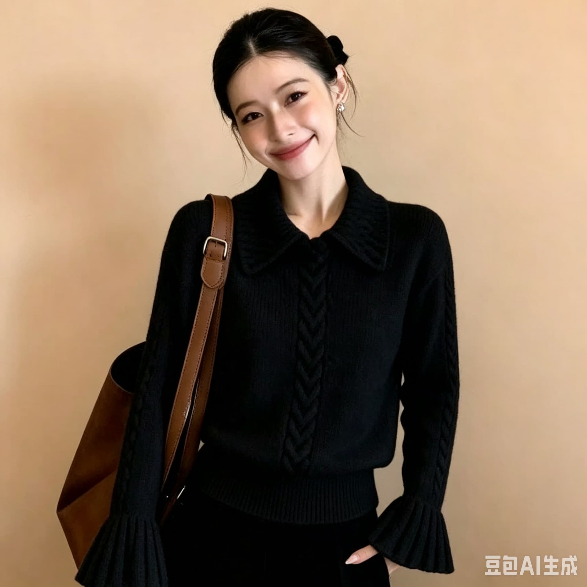베이지 색 마 무늬 폴로 칼라 연꽃 잎 소매 짠 셔츠 2026 여름 폭발 절묘한 고급 센스 스웨터 맨위 여성 이미지 4