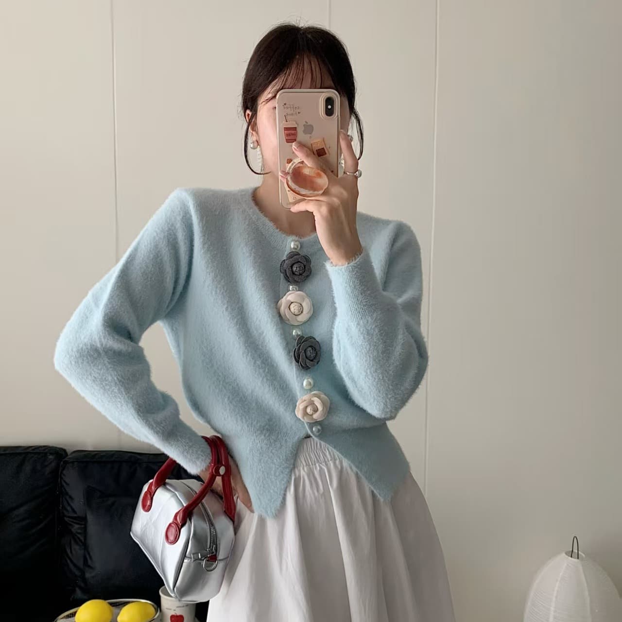보존 섹션 추천 핑크색 3 차원 꽃 긴팔 모방 수달 오픈 가디건 여성 가을 겨울 새로운 부드러운 바람 달콤함 맨위 이미지 5