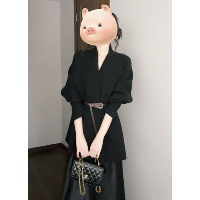 작은 샤넬 스타일 살구 색상 허리 수축 스웨터 코트 여성 의류 가을 겨울 품격 고급 센스 슬림해 보이는 니트 맨위 이미지 4