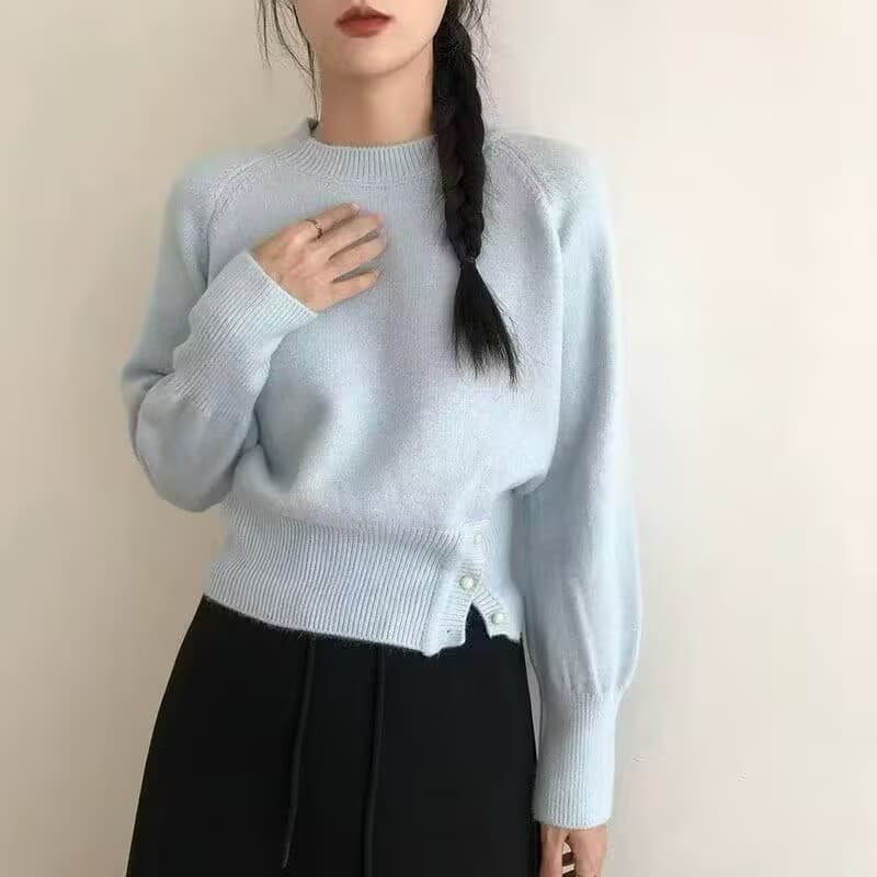 한 부서 라운드 넥 느긋한 바람 스웨터 슬림해 보이는 낮은 네크라인 여성 의류 가을 겨울철 맨위 인터넷 유명인 고급 센스 풀오버 니트 스웨터 이미지 4