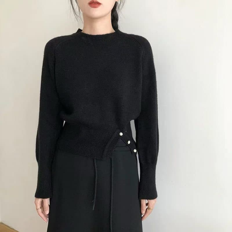 한 부서 라운드 넥 느긋한 바람 스웨터 슬림해 보이는 낮은 네크라인 여성 의류 가을 겨울철 맨위 인터넷 유명인 고급 센스 풀오버 니트 스웨터 상세 이미지 2