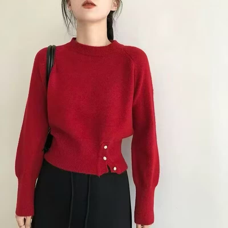 한 부서 라운드 넥 느긋한 바람 스웨터 슬림해 보이는 낮은 네크라인 여성 의류 가을 겨울철 맨위 인터넷 유명인 고급 센스 풀오버 니트 스웨터 상세 이미지 7
