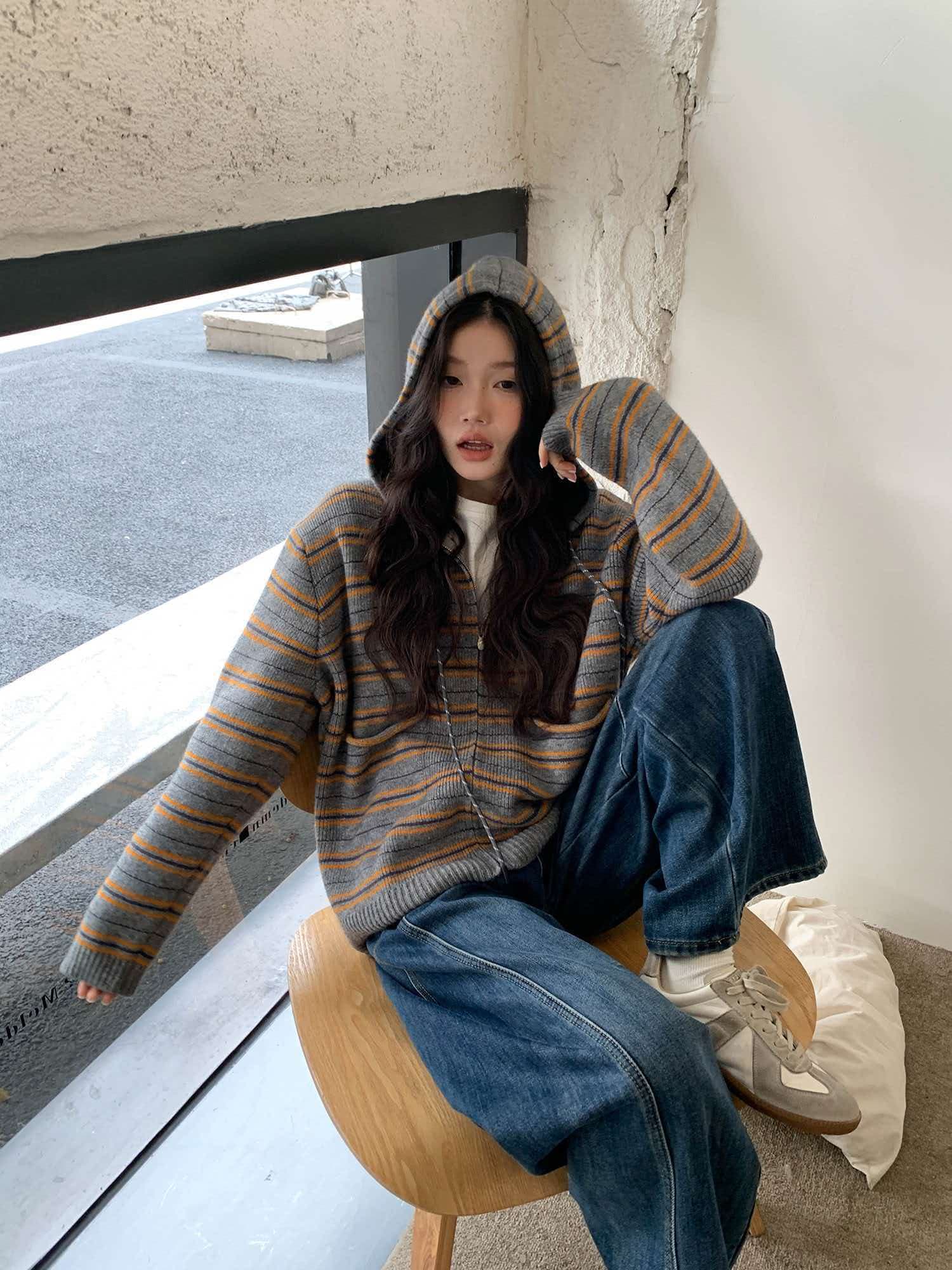 디자인 센스 스트라이프 후드 긴팔 지방 mm 느긋한 루즈핏 슬림해 보이는 캐주얼 만나는 맨위 상세 이미지 5