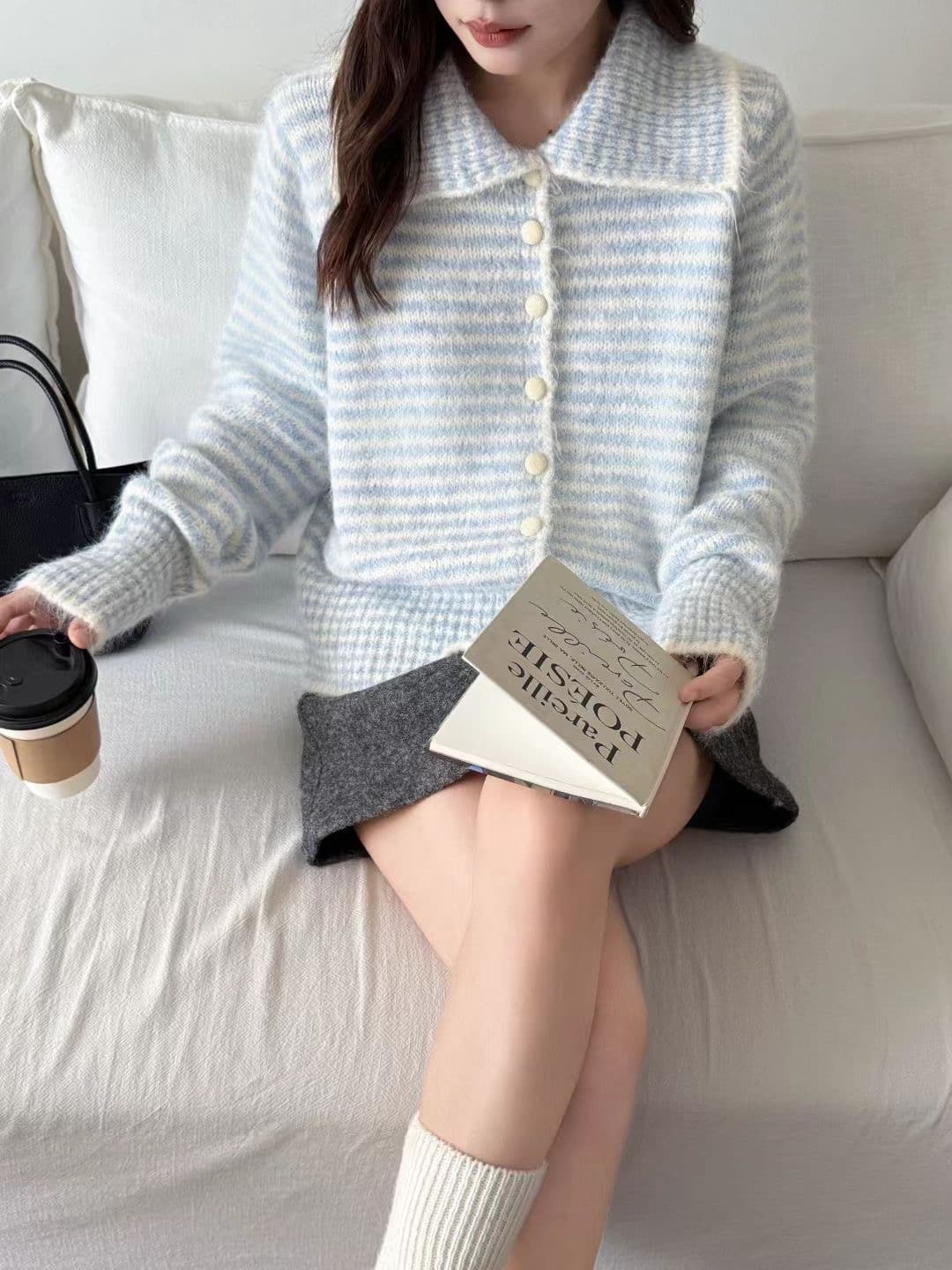 한 부서 레트로 스트라이프 배색 폴로 칼라 스웨터 여성 코트 가을 겨울 고급 센스 작은 대중 플러스 두껍고 부드러운 찹쌀 니트 오픈 가디건 상세 이미지 5