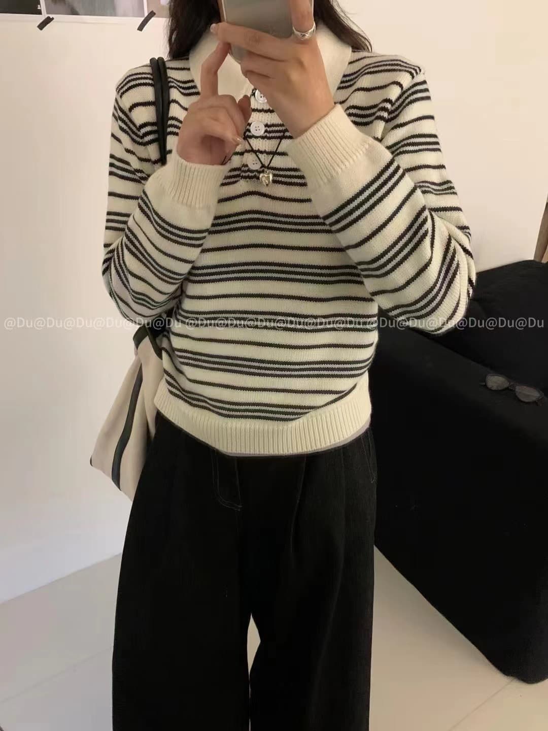 다용도 POLO 칼라 긴팔 니트 스웨터 여성 새로운 스트라이프 긴팔 루즈핏 슬림해 보이는 스웨터 이미지 4