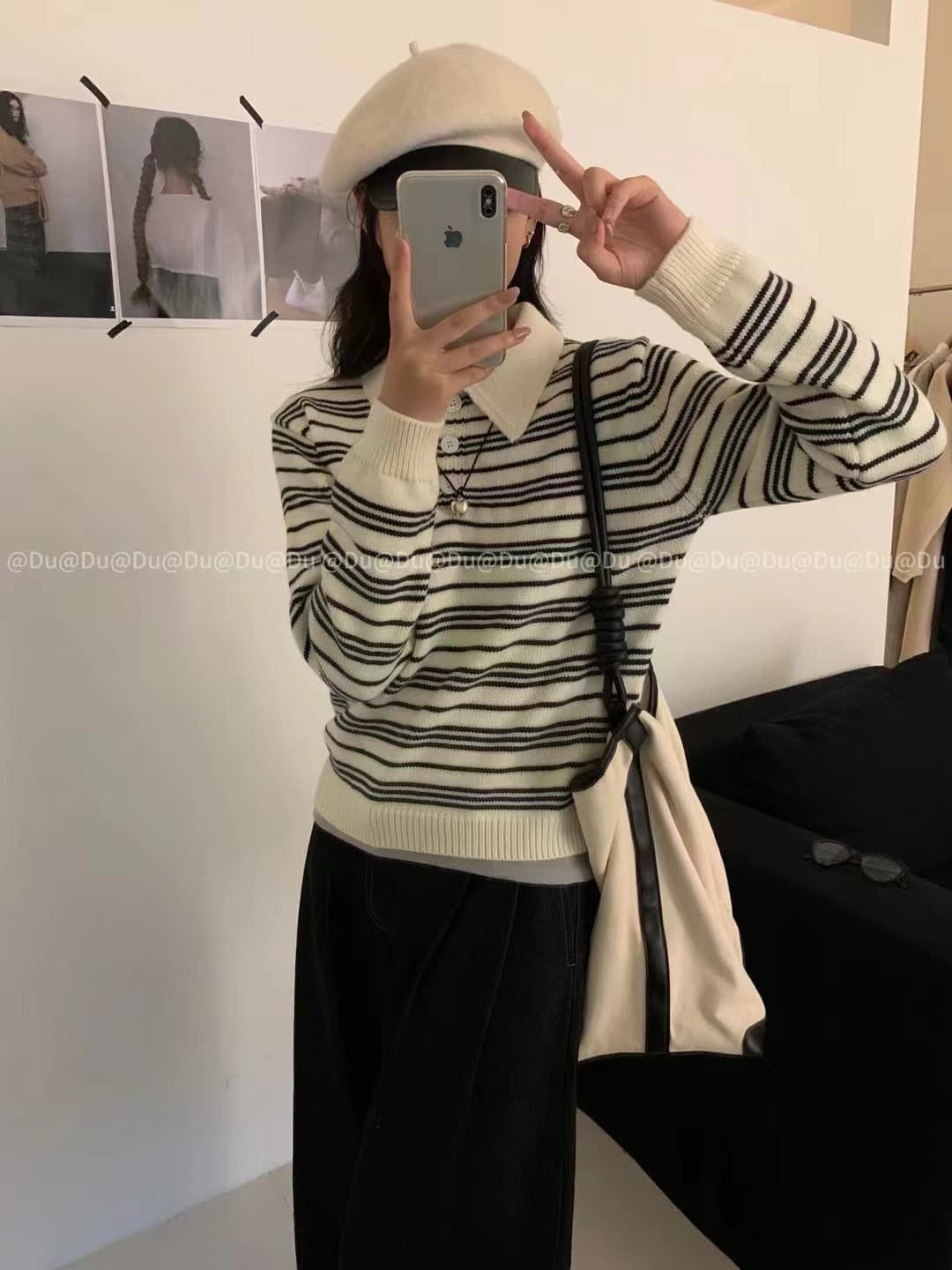 다용도 POLO 칼라 긴팔 니트 스웨터 여성 새로운 스트라이프 긴팔 루즈핏 슬림해 보이는 스웨터 상세 이미지 5
