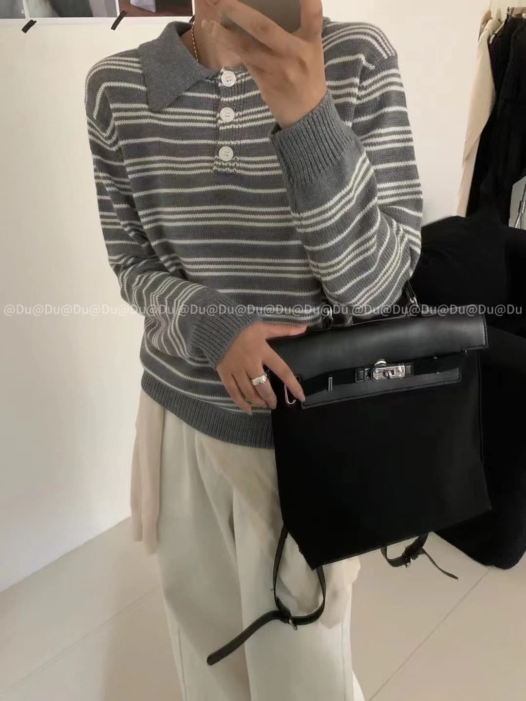 다용도 POLO 칼라 긴팔 니트 스웨터 여성 새로운 스트라이프 긴팔 루즈핏 슬림해 보이는 스웨터 상세 이미지 10