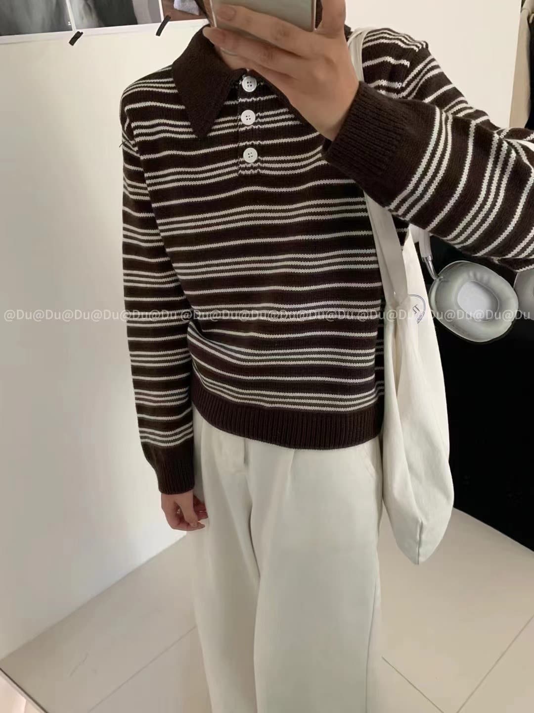 다용도 POLO 칼라 긴팔 니트 스웨터 여성 새로운 스트라이프 긴팔 루즈핏 슬림해 보이는 스웨터 상세 이미지 11