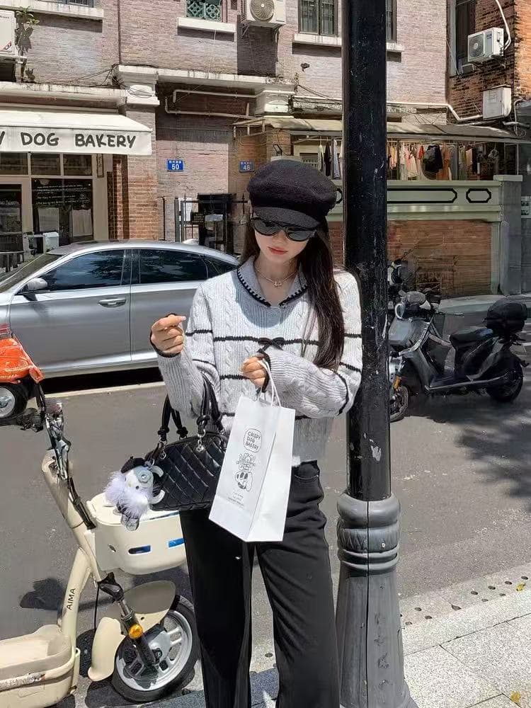 한 부서 스트라이프 회색 맨위 여성 작은 키 가을 겨울 새로운 디자인 센스 나비 매듭 달콤함 패치워크 오픈 가디건 스웨터 상세 이미지 1