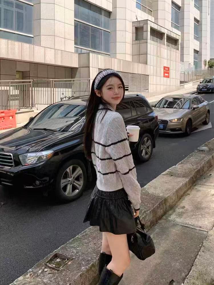 한 부서 스트라이프 회색 맨위 여성 작은 키 가을 겨울 새로운 디자인 센스 나비 매듭 달콤함 패치워크 오픈 가디건 스웨터 상세 이미지 5