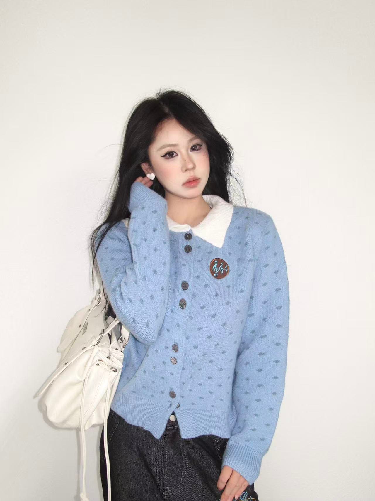 가을 겨울 새로운 한 부서 느긋한 쇼트 스타일 도트 무늬 polo 맨위 슬림해 보이는 니트 스웨터 오픈 가디건 상세 이미지 1